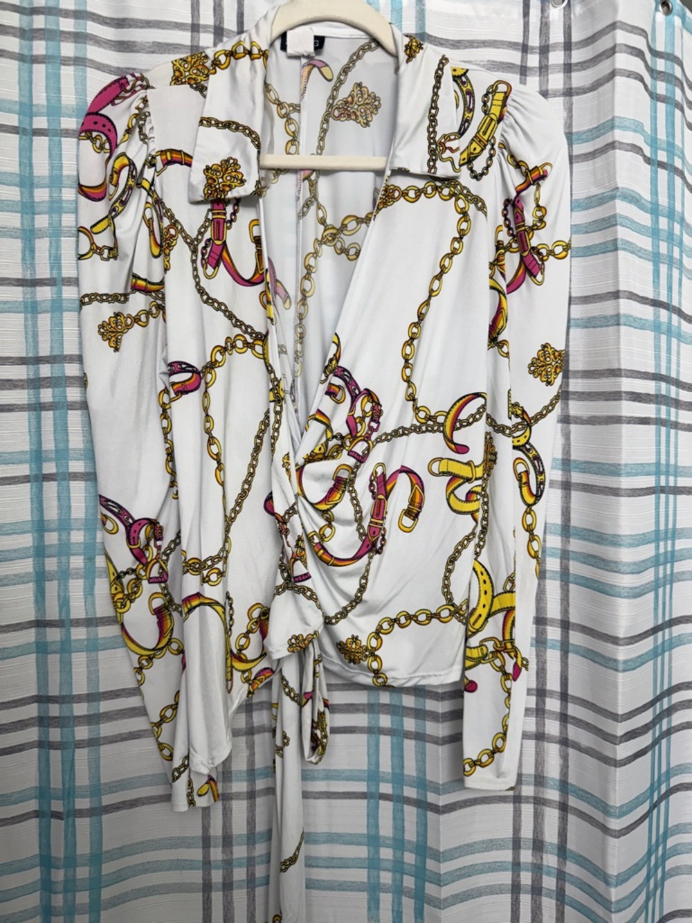 White Wrap Blouse with Chain & Scarf Print